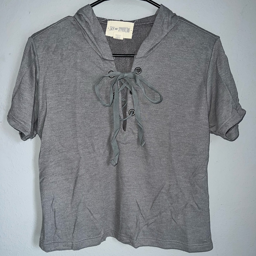 Gray Crop top cropped t-shirt hoodie with lace up detail in front